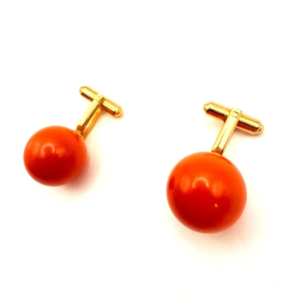 Vintage 1970s MCM Orange Lucite Ball Cufflinks Modern Mod Gold Tone